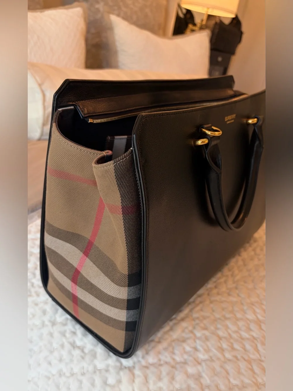 BURBERRY Calfskin Mega Check Medium Banwell Tote Black